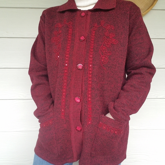 Mid-Length Modern Cardigan Sweater Sequin Gorgeous Deep Burgundy/Black - Picture 1 of 14